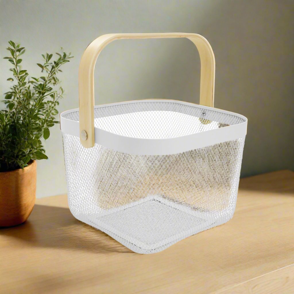 Large Metal Basket with Wooden Handle - White