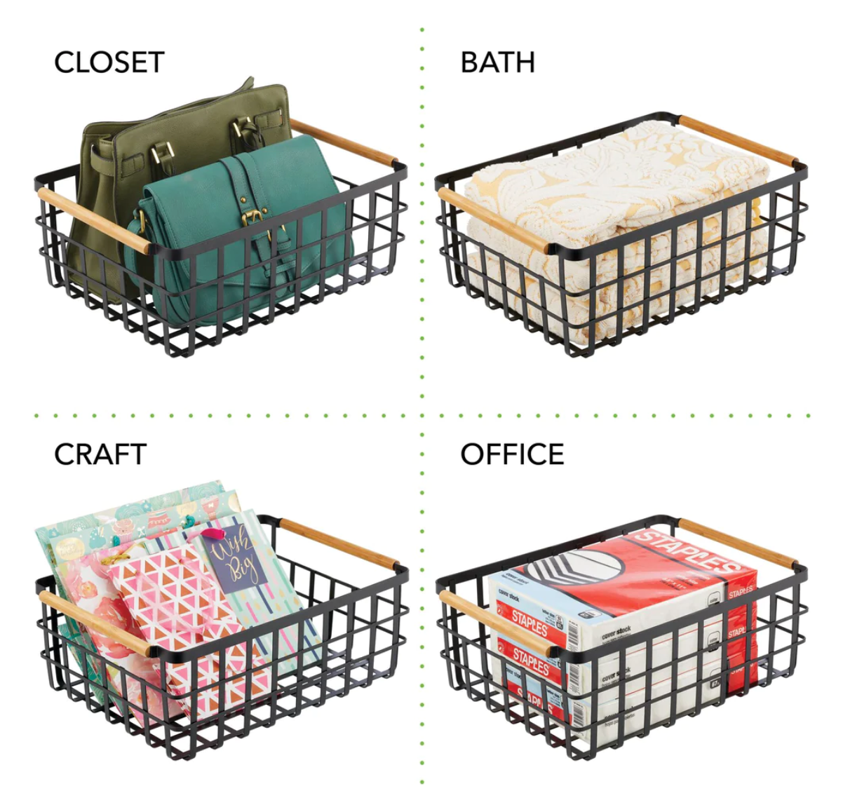 White Basket W/Bamboo Handle Large