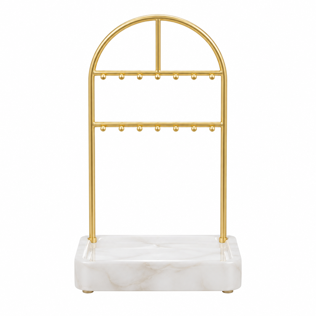 Gold jewelry organizer stand with a white resin base