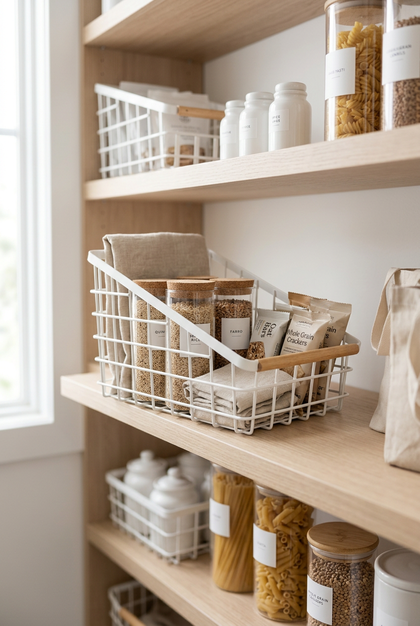 White Slanted Basket with Wood Handle