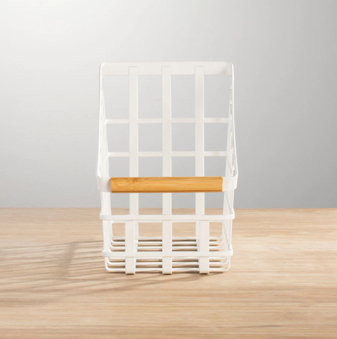White Basket W/Bamboo Handle Slanted