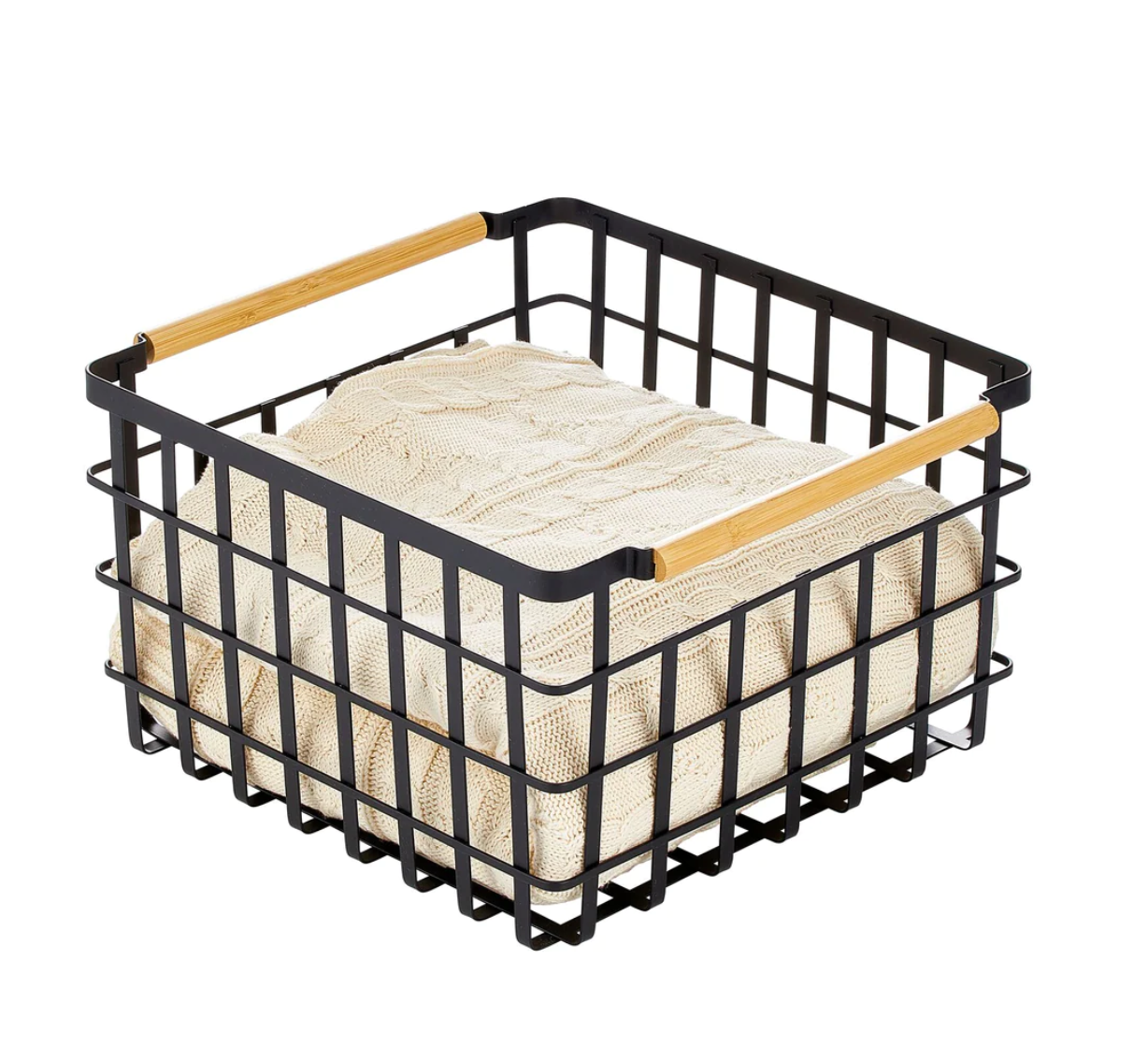 Black Basket W/Bamboo Handle Large