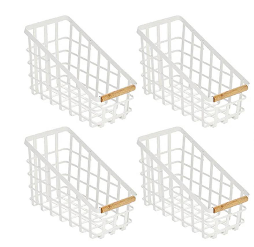 White Basket W/Bamboo Handle Slanted