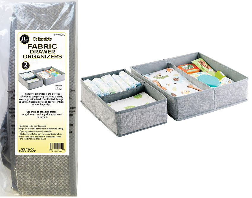 Two gray fabric drawer organizers shown with packaging