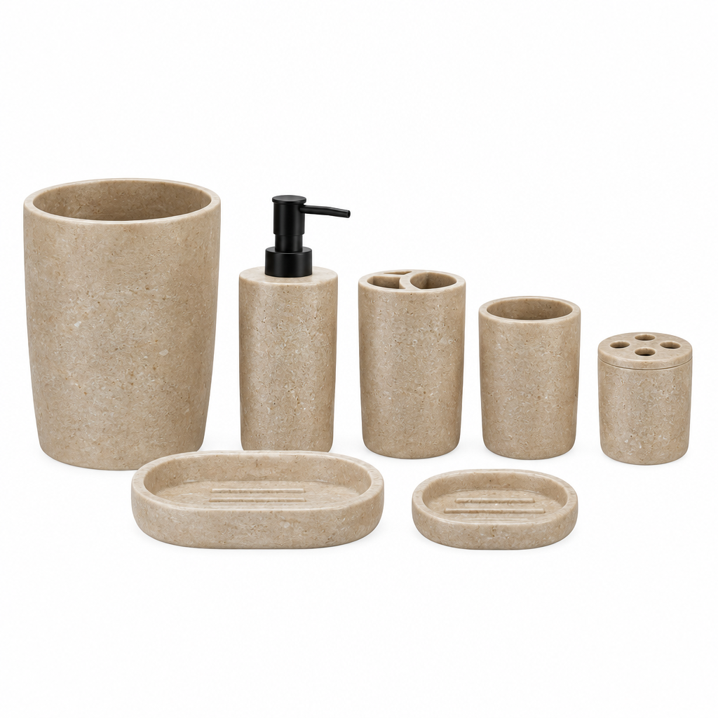 Eight-piece resin bathroom accessories set in a desert-stone finish