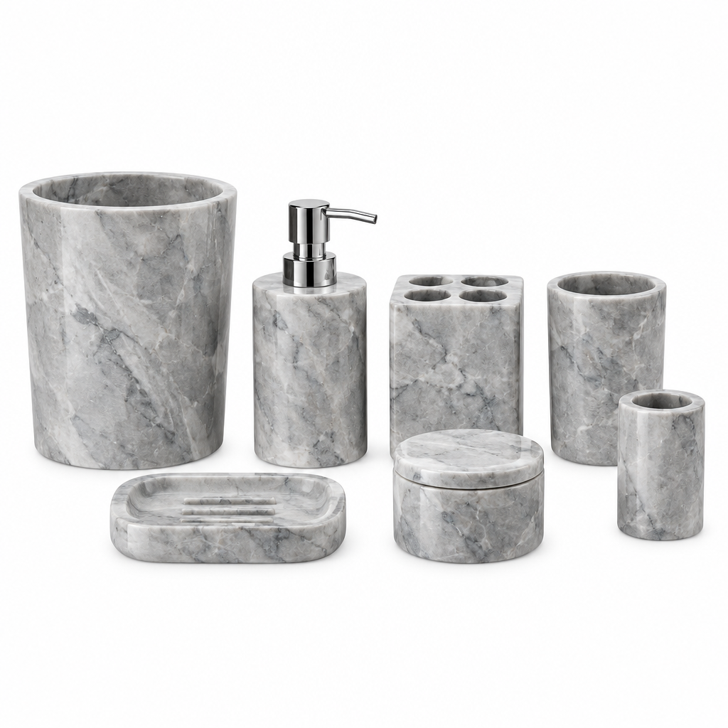 Eight-piece grey marble bathroom accessories set