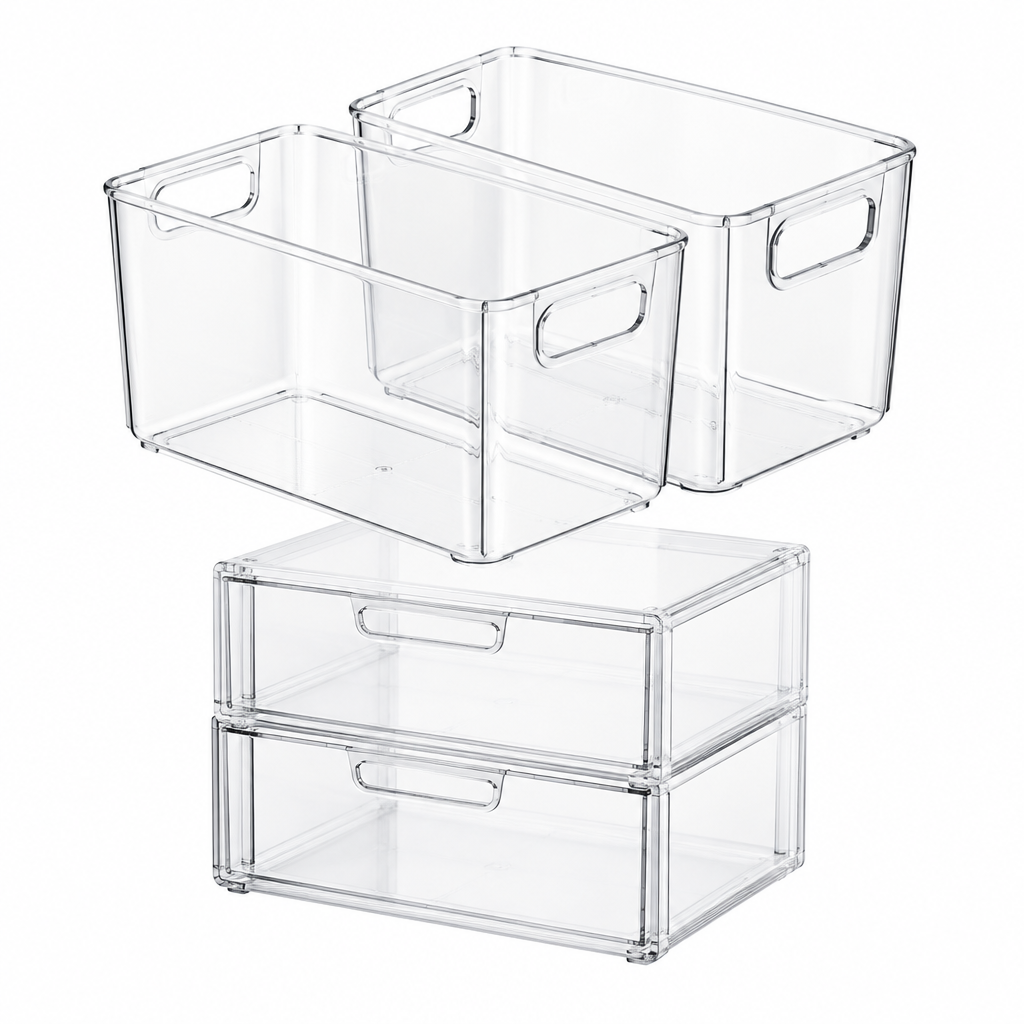Clear storage bins with handles and two-drawer organizer