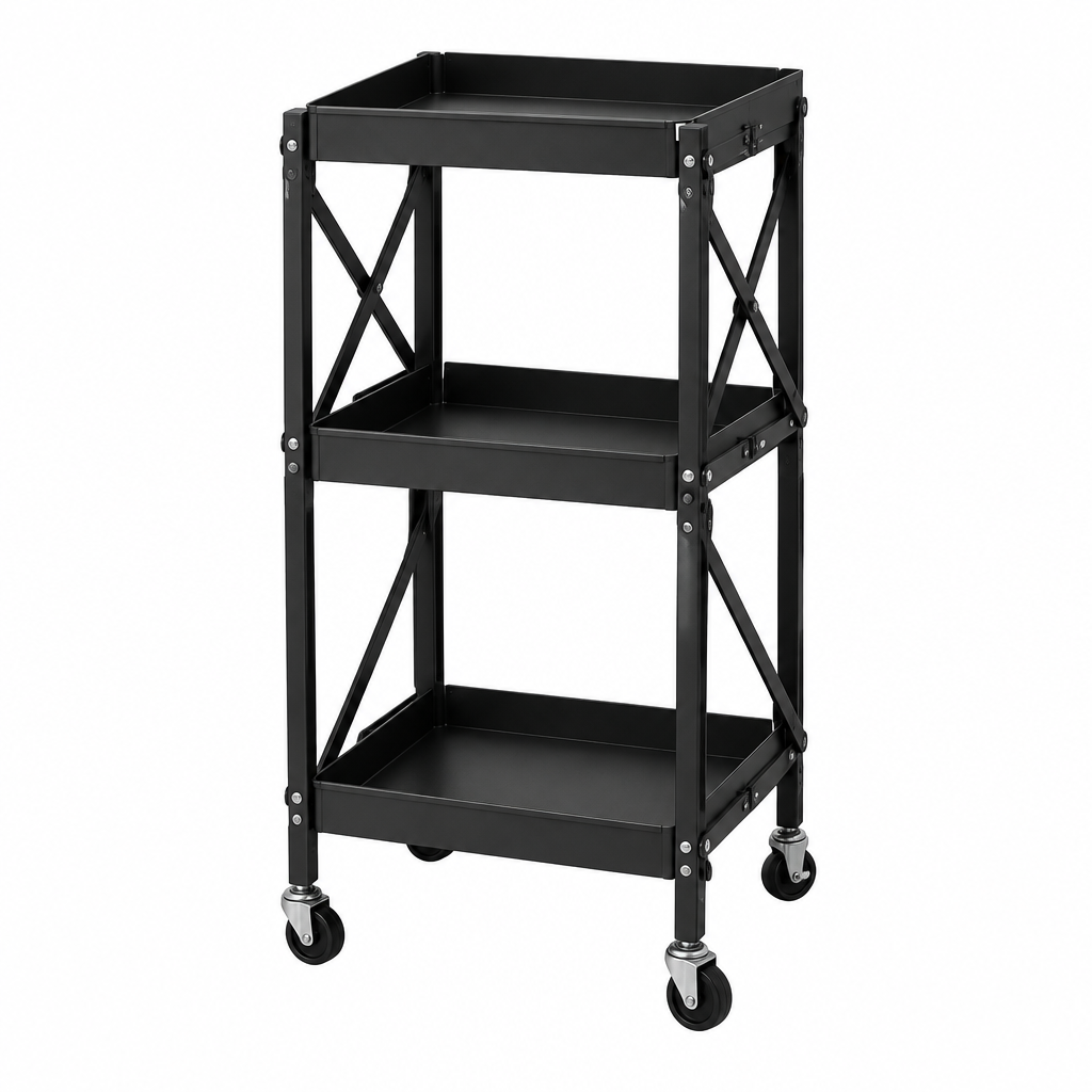 Matte black foldable 3-tier metal cart