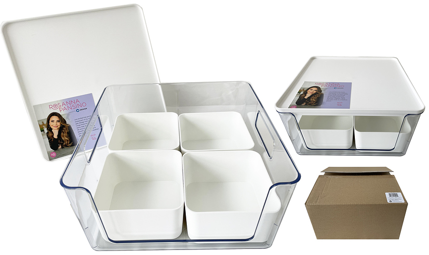 Clear storage bin with white inner bins and lids