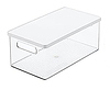 Clear rectangular storage bin with white lid and side handles