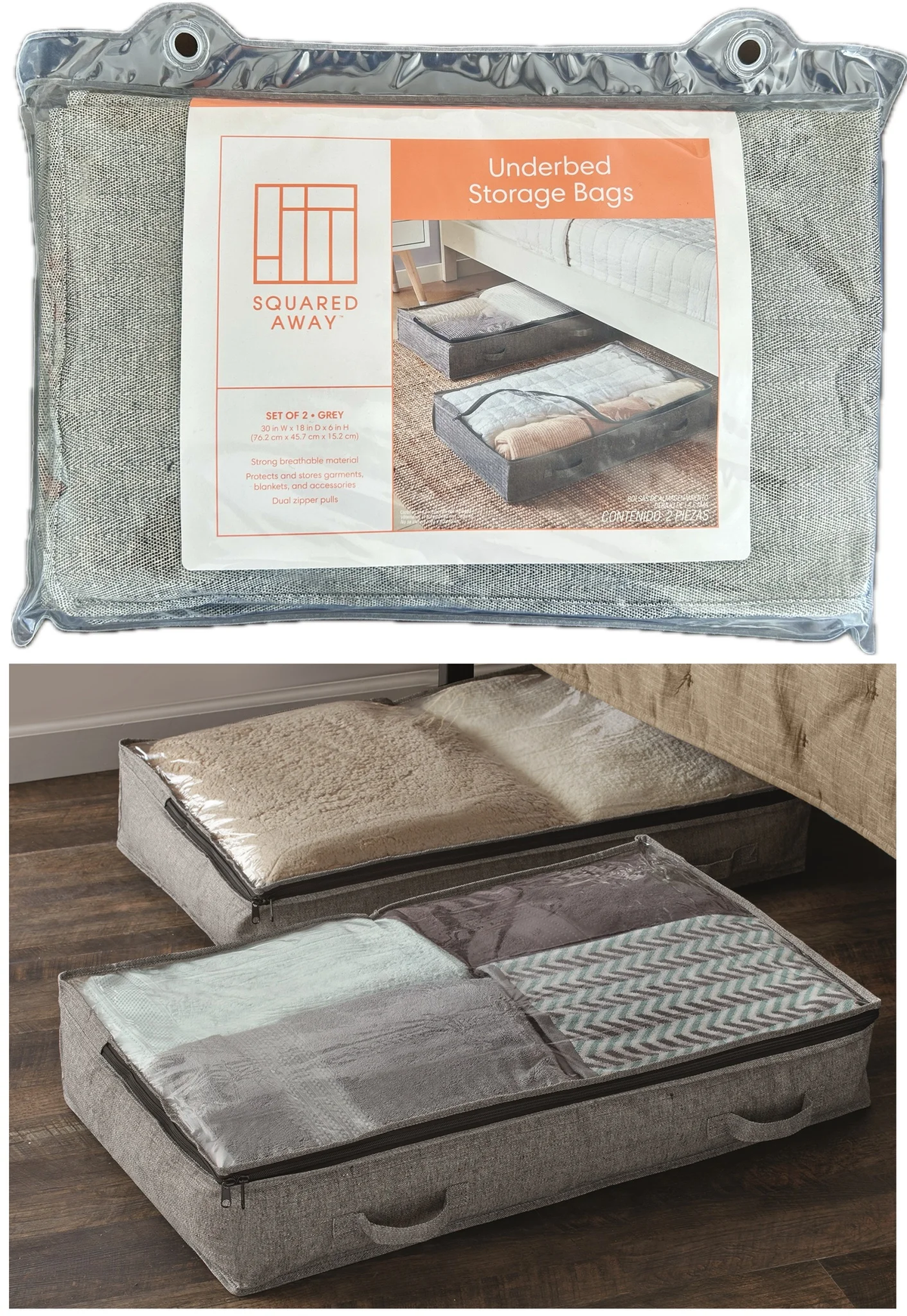 Two gray underbed storage bags with clear tops